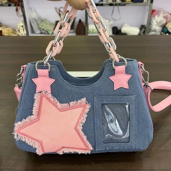 Cute Shoulder Bag Crossbody Bag for Women Y2K Star Patchwork Denim Messenger Bag - Picture 4 of 7